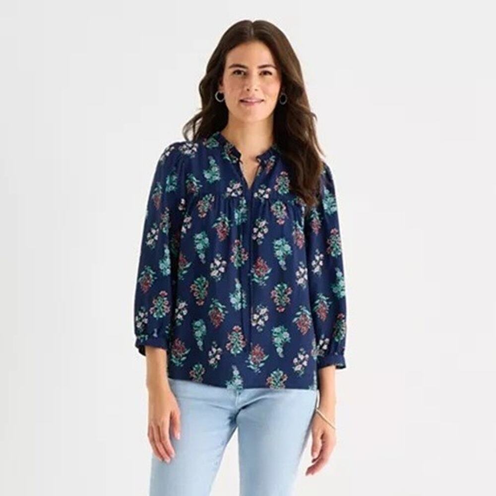 Liz Claiborne XXL Top Navy Blue Crinkle Floral Split Tie Neck 3/4 Sleeve Blouse